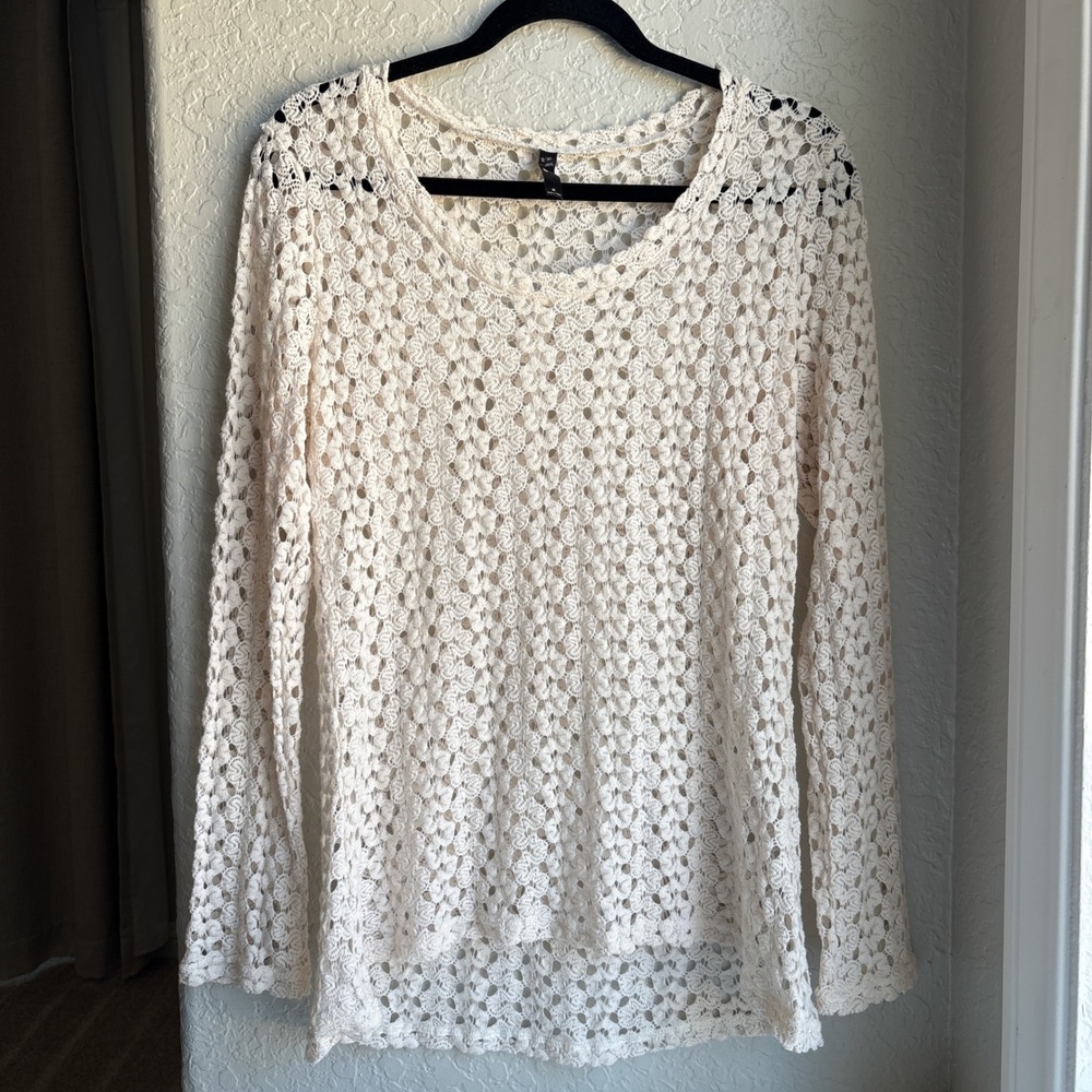Womens M Sweater Cream Crochet Knit Cotton Long Sleeve Boho Floral‎  Beach Sheer